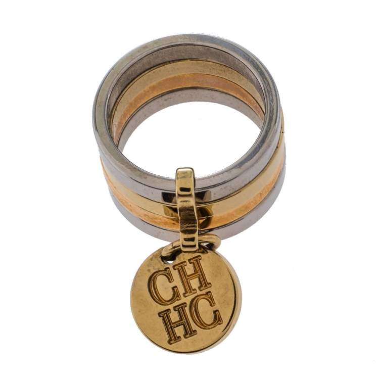 Pre Owned CH Carolina Herrera Three Tone Metal Bands Charm Ring Size EU 50.5