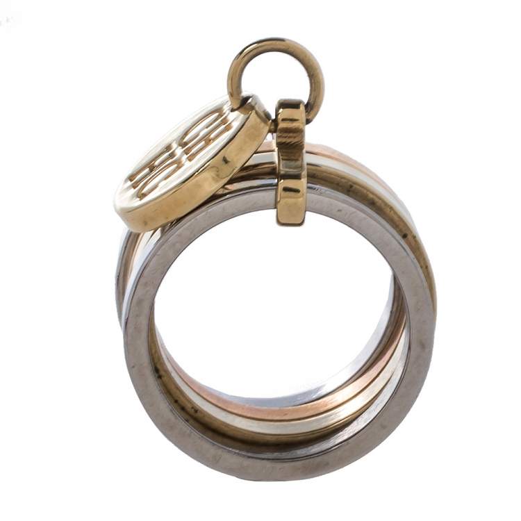 Pre Owned CH Carolina Herrera Three Tone Metal Bands Charm Ring Size EU 50.5