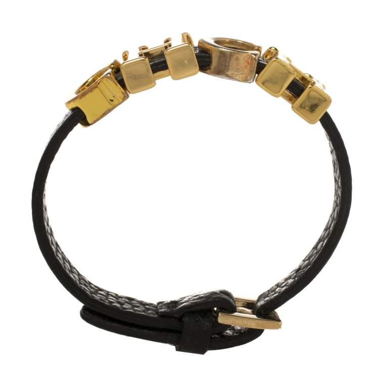 Pre Owned Carolina Herrera Black Leather Gold Tone Adriana Bracelet