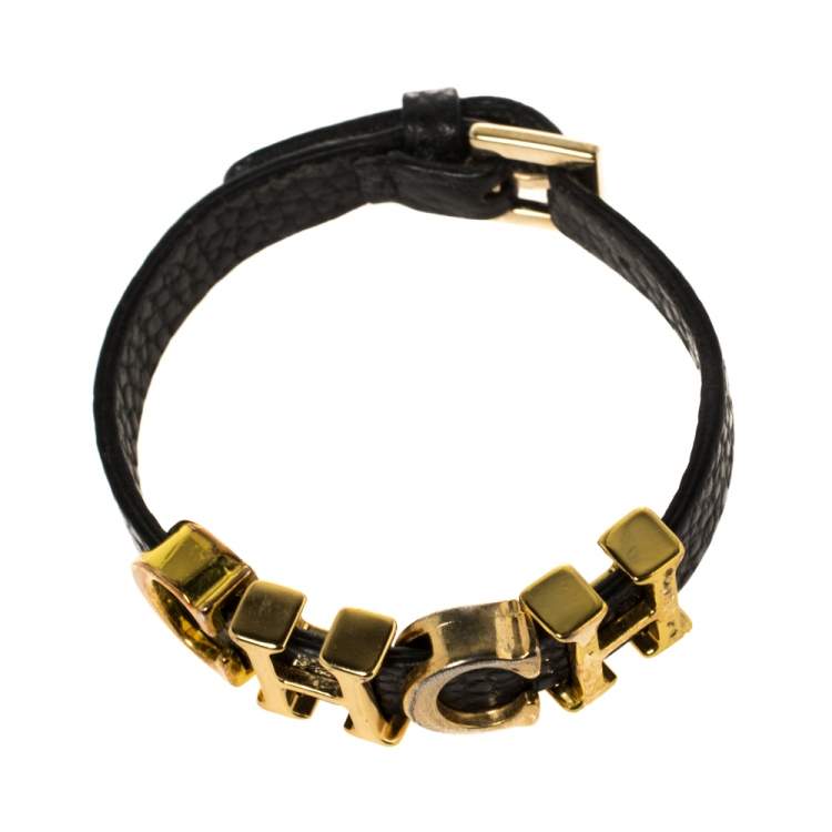 Pre Owned Carolina Herrera Black Leather Gold Tone Adriana Bracelet