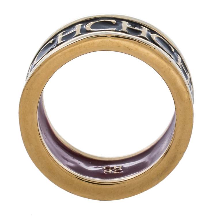 Pre Owned CH Carolina Herrera Black Logo Enamel Gold Tone Band Ring EU 57