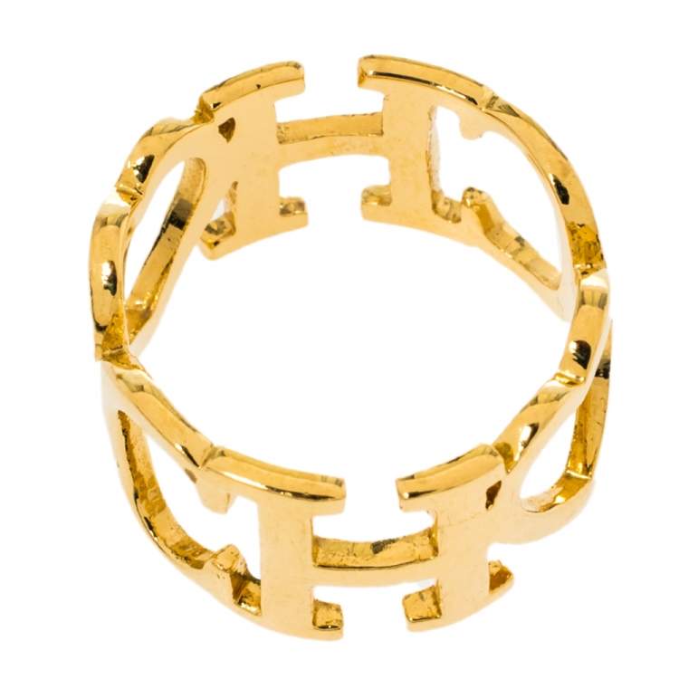Pre Owned CH Carolina Herrera Gold Tone Logo Heart Band Ring Size EU 53
