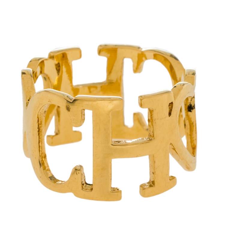 Pre Owned CH Carolina Herrera Gold Tone Logo Heart Band Ring Size EU 53