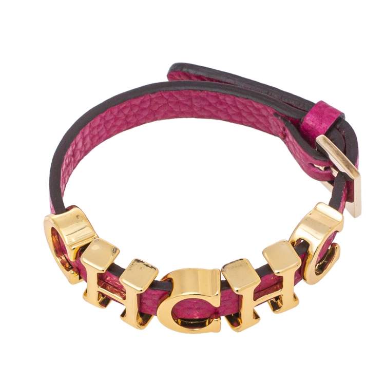 Pre Owned CH Carolina Herrera Pink Leather Logo Wrap Bracelet