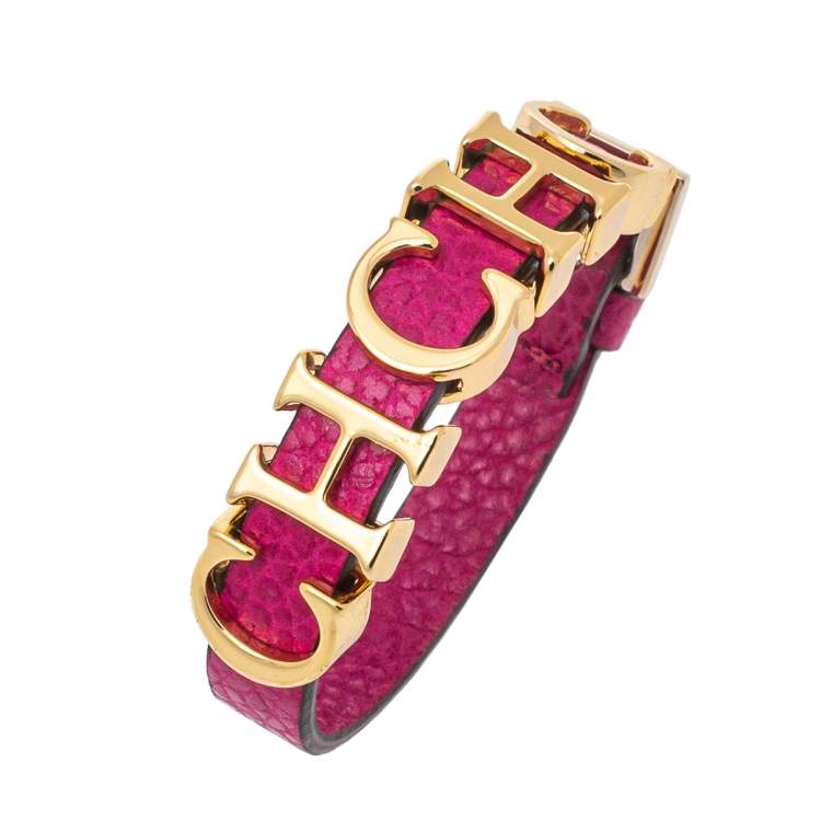 Pre Owned CH Carolina Herrera Pink Leather Logo Wrap Bracelet