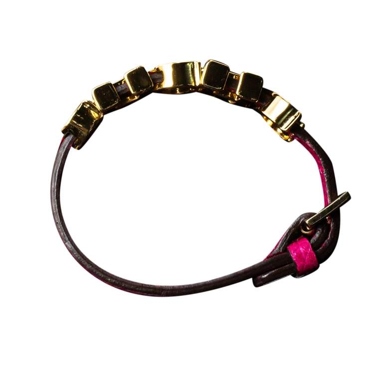 Pre Owned CH Carolina Herrera Pink Leather Logo Wrap Bracelet