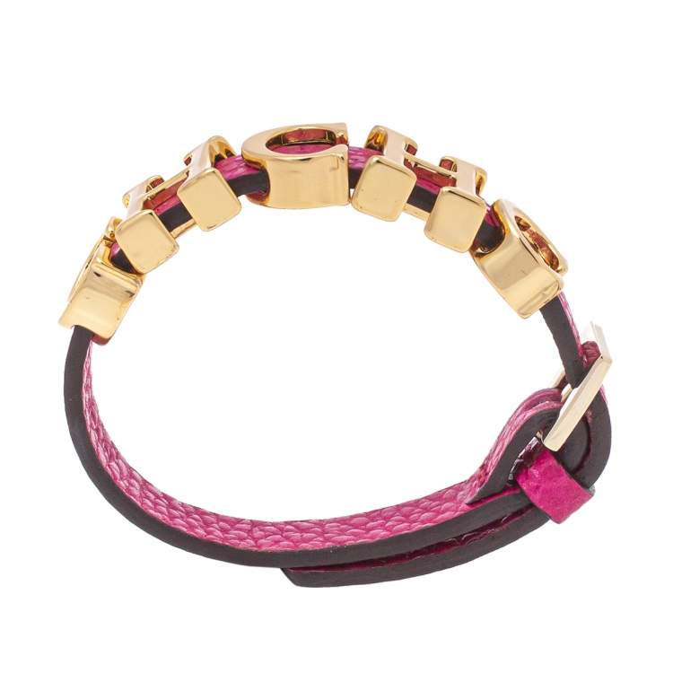 Pre Owned CH Carolina Herrera Pink Leather Logo Wrap Bracelet