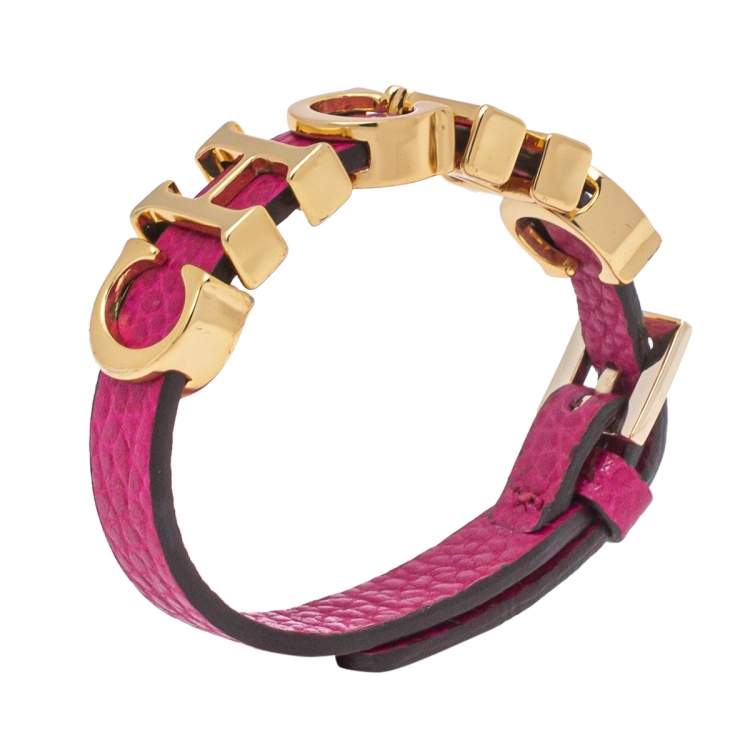Pre Owned CH Carolina Herrera Pink Leather Logo Wrap Bracelet