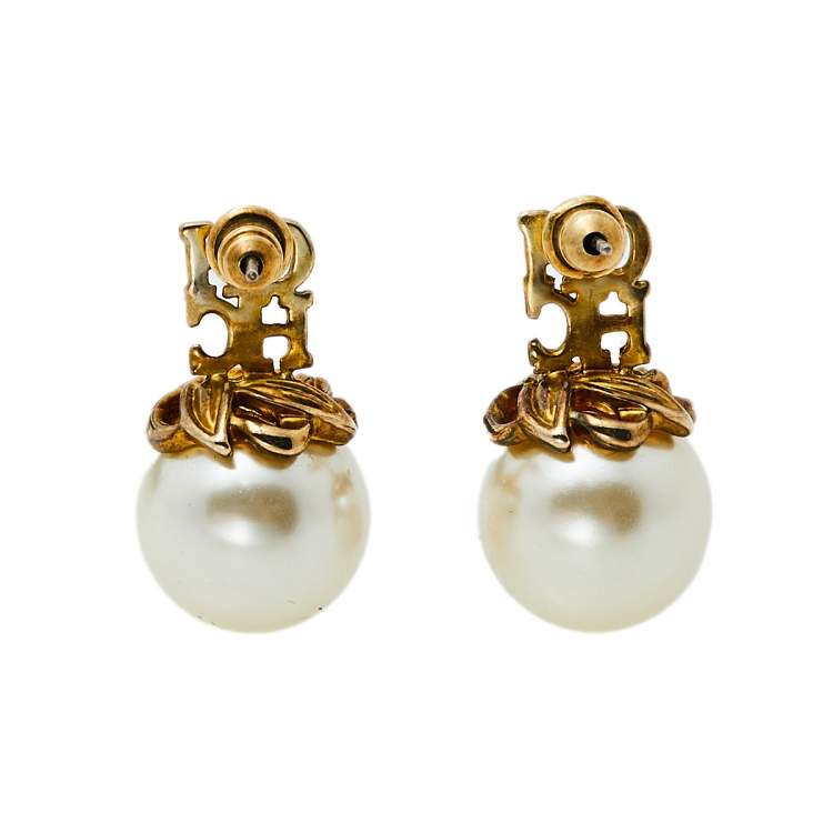 Pre Owned CH Carolina Herrera Logo Faux Pearl Gold Tone Stud Earrings