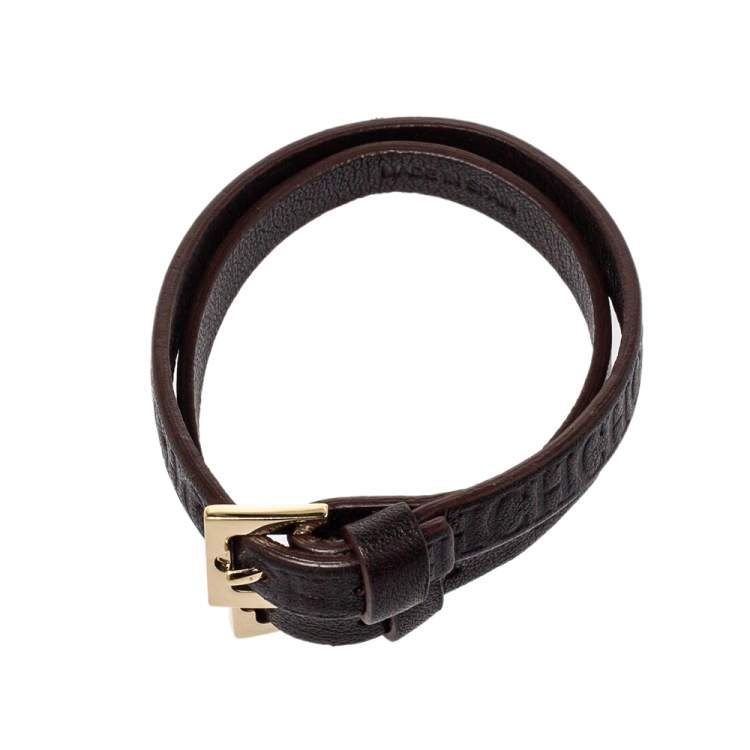 Pre Owned CH Carolina Herrera Dark Brown Monogram Leather Wrap Bracelet Set