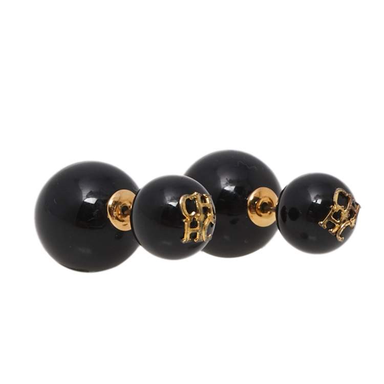 Pre Owned CH Carolina Herrera Black Enamel Gold Tone Stud Earrings