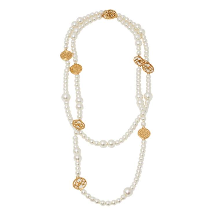 Pre Owned CH Carolina Herrera Faux Pearl Long Station Necklace