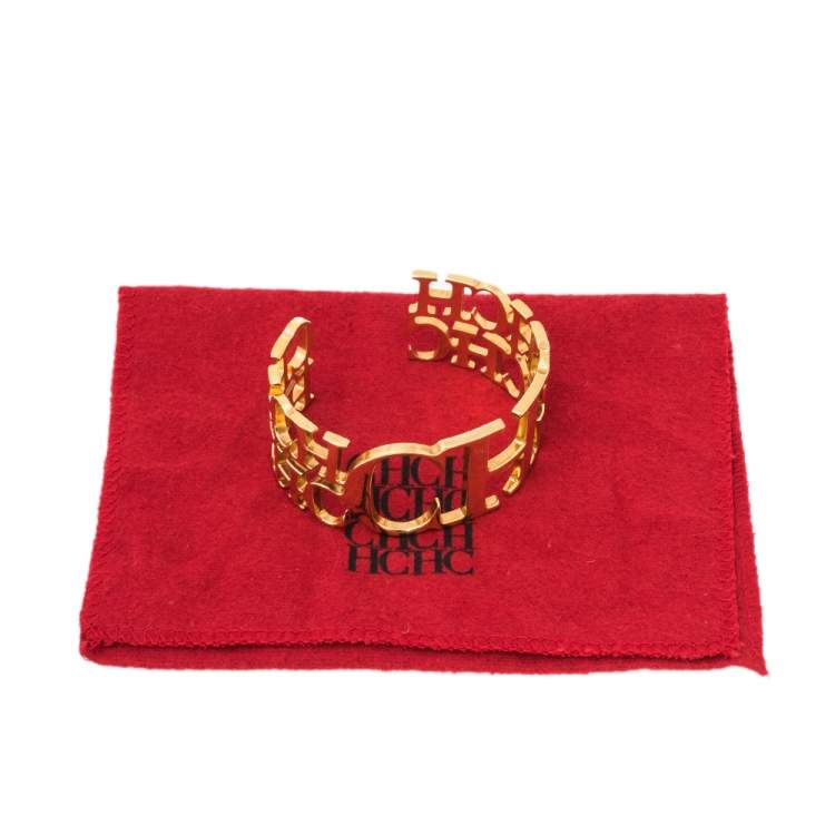 Pre Owned CH Carolina Herrera Logo Gold Tone Open Cuff Bracelet