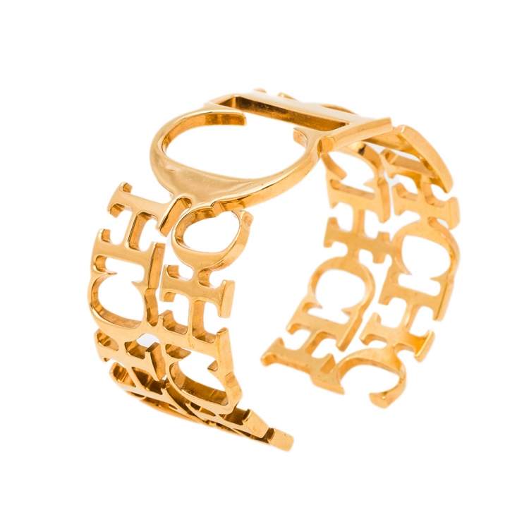 Pre Owned CH Carolina Herrera Logo Gold Tone Open Cuff Bracelet