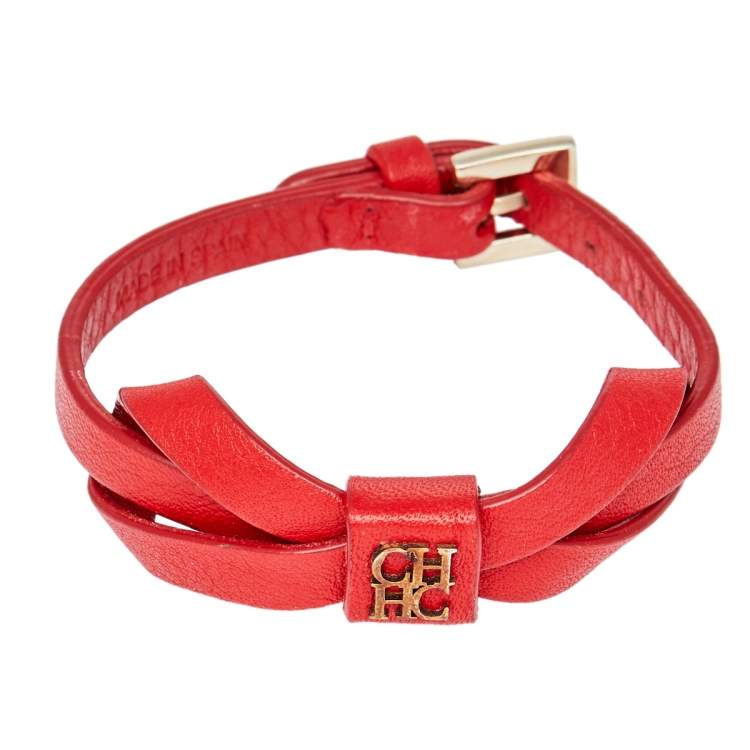 Pre Owned CH Carolina Herrera Red Leather Ribbon Bracelet