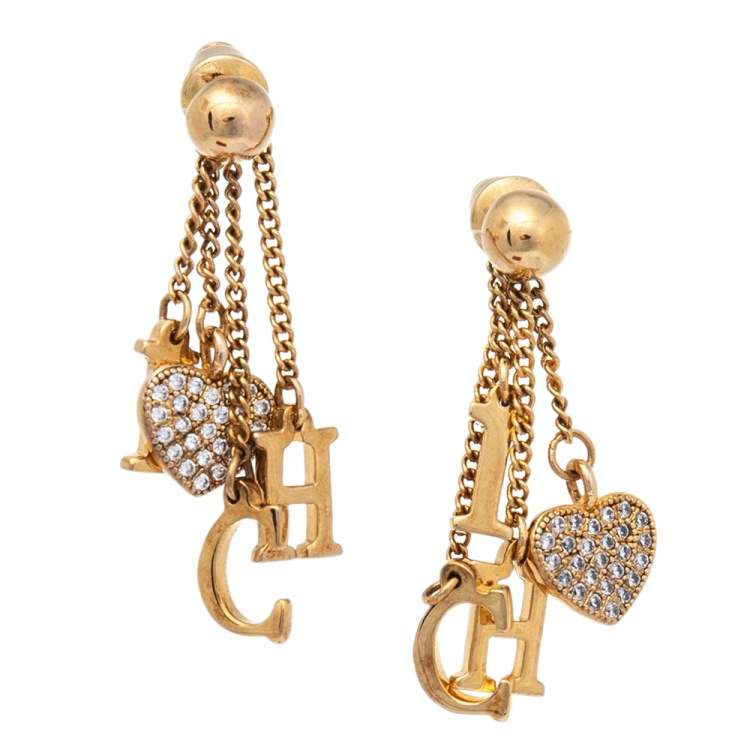 Pre Owned CH Carolina Herrera Crystal Gold Tone Tassel Dangle Earrings