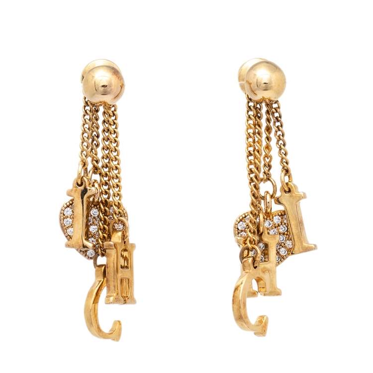 Pre Owned CH Carolina Herrera Crystal Gold Tone Tassel Dangle Earrings