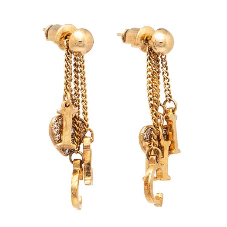 Pre Owned CH Carolina Herrera Crystal Gold Tone Tassel Dangle Earrings