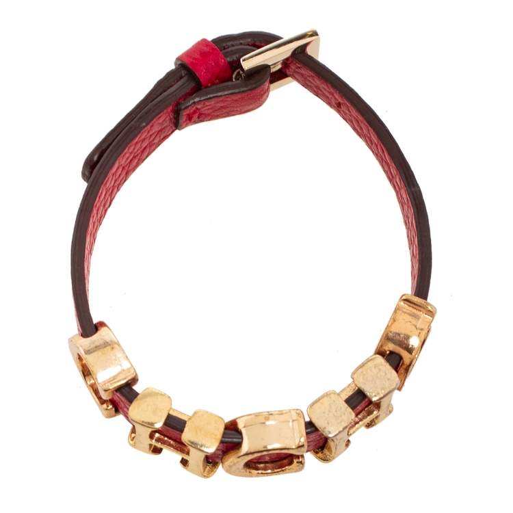 Pre Owned CH Carolina Herrera Red Leather Logo Wrap Bracelet