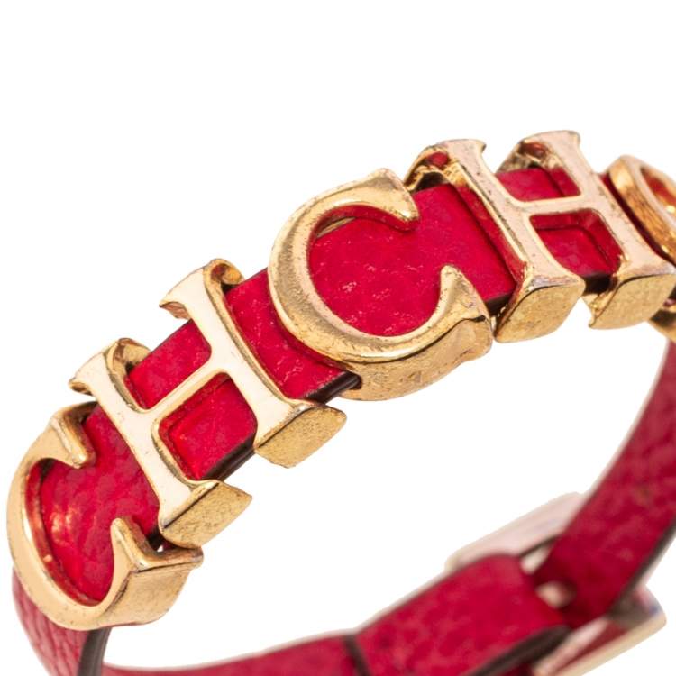 Pre Owned CH Carolina Herrera Red Leather Logo Wrap Bracelet