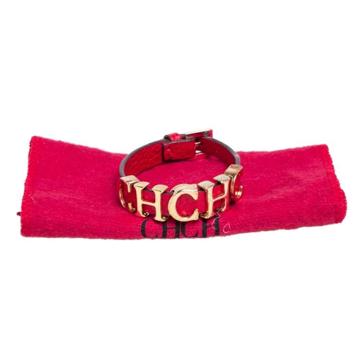 Pre Owned CH Carolina Herrera Red Leather Logo Wrap Bracelet