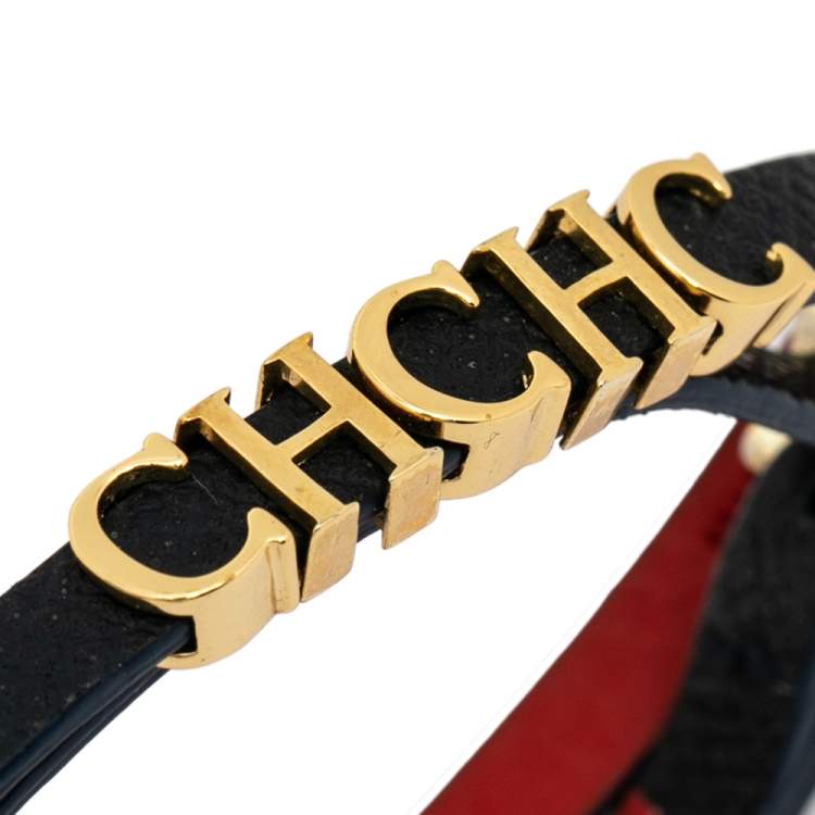 Pre Owned CH Carolina Herrera Navy Blue Leather Logo Double Wrap Bracelet