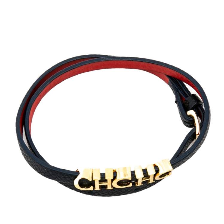 Pre Owned CH Carolina Herrera Navy Blue Leather Logo Double Wrap Bracelet