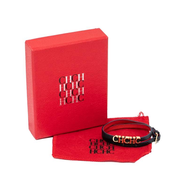 Pre Owned CH Carolina Herrera Navy Blue Leather Logo Double Wrap Bracelet
