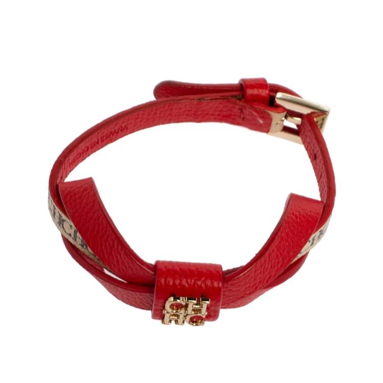 Pre Owned CH Carolina Herrera Red/Beige Monogram Canvas and Leather Ribbon Bracelet