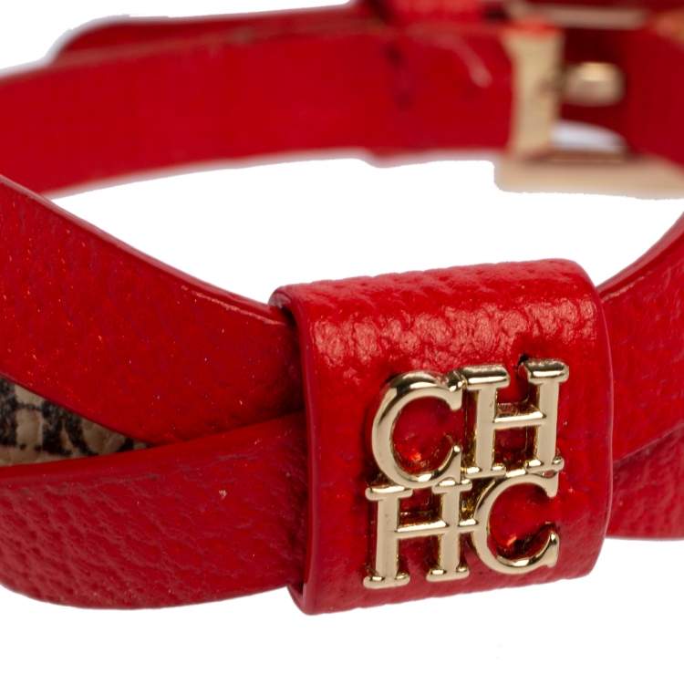 Pre Owned CH Carolina Herrera Red/Beige Monogram Canvas and Leather Ribbon Bracelet