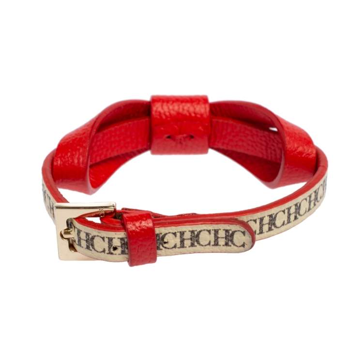 Pre Owned CH Carolina Herrera Red/Beige Monogram Canvas and Leather Ribbon Bracelet