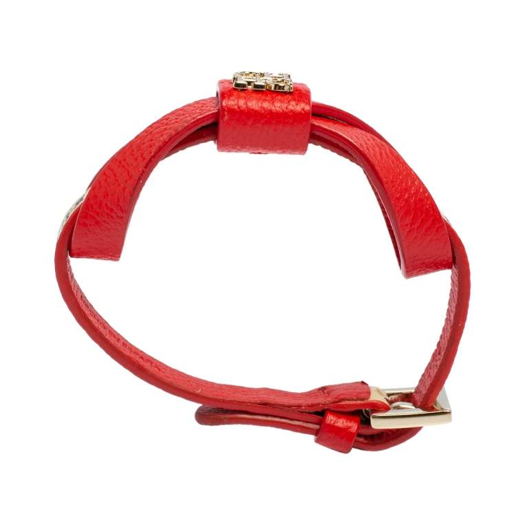 Pre Owned CH Carolina Herrera Red/Beige Monogram Canvas and Leather Ribbon Bracelet