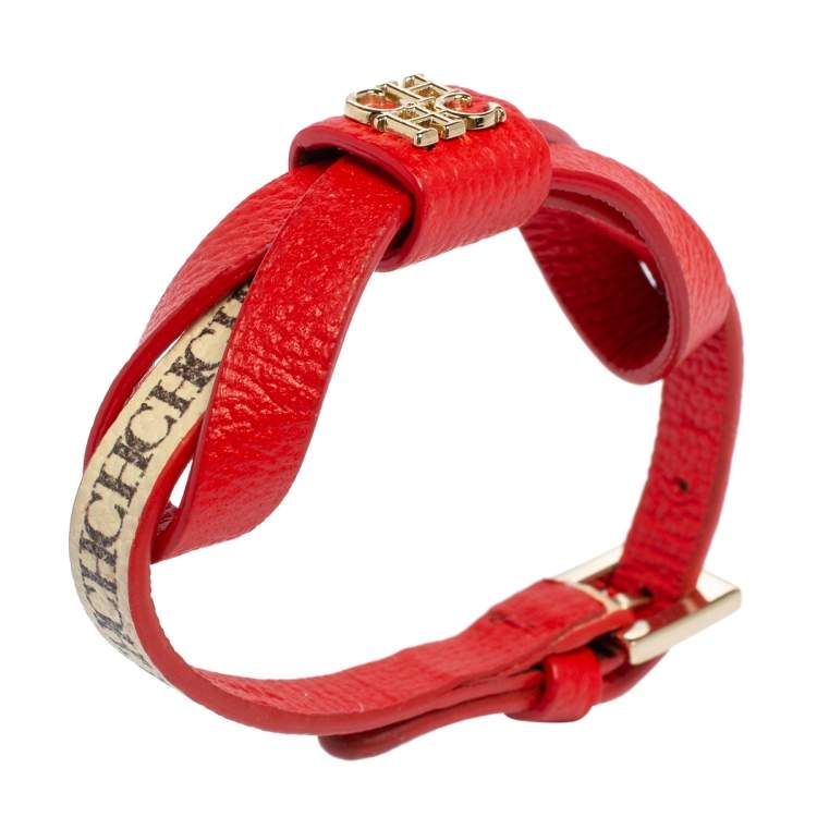 Pre Owned CH Carolina Herrera Red/Beige Monogram Canvas and Leather Ribbon Bracelet