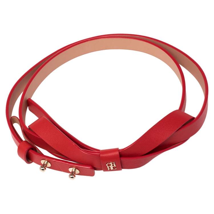Pre Owned Carolina Herrera Red Leather Bow Slim Belt 90 CM
