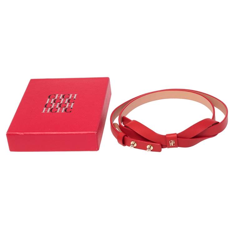 Pre Owned Carolina Herrera Red Leather Bow Slim Belt 90 CM
