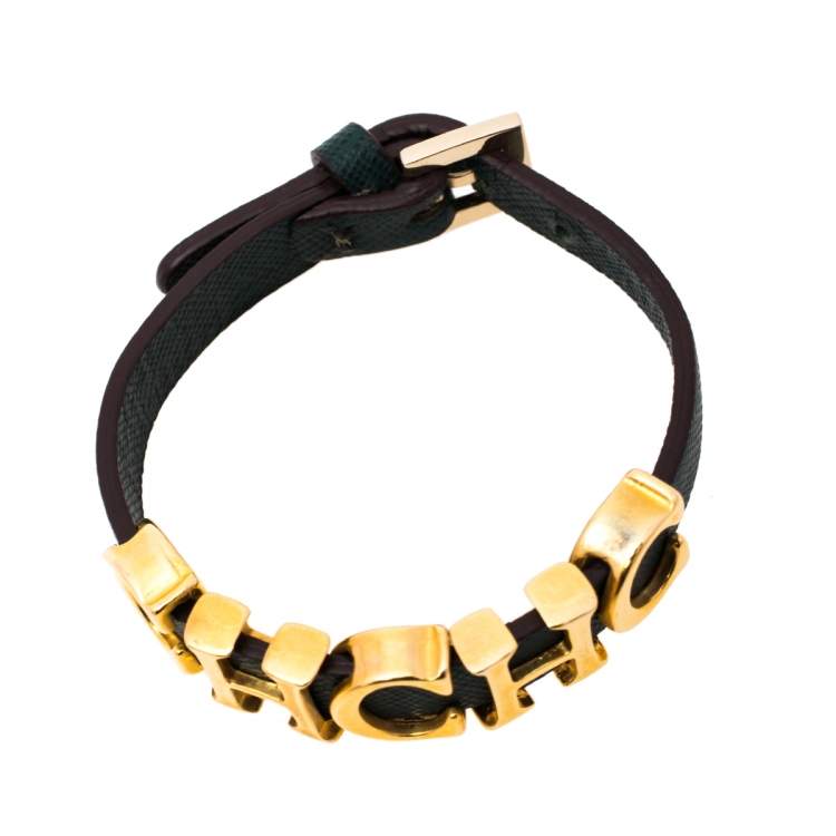 Pre Owned CH Carolina Herrera Green Leather Logo Wrap Bracelet