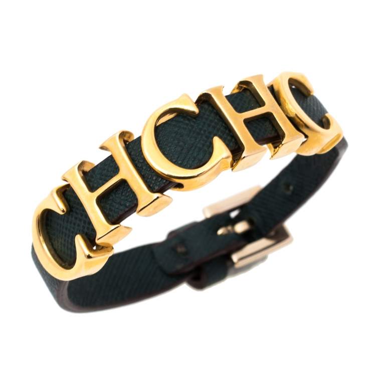 Pre Owned CH Carolina Herrera Green Leather Logo Wrap Bracelet