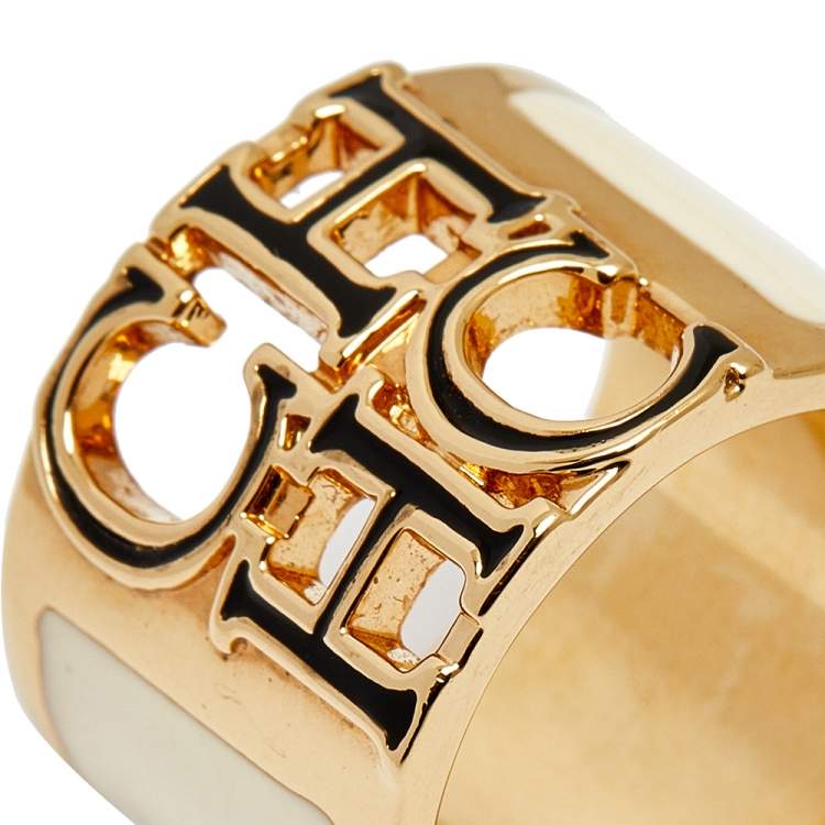Pre Owned CH Carolina Herrera Logo Off White Enamel Gold Tone Wide Band Ring Size 54.5