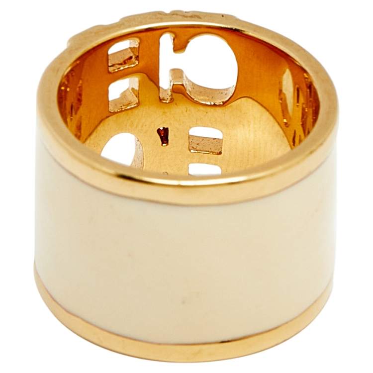 Pre Owned CH Carolina Herrera Logo Off White Enamel Gold Tone Wide Band Ring Size 54.5