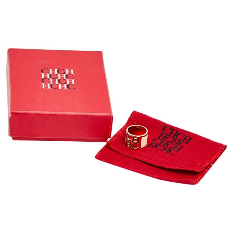 Pre Owned CH Carolina Herrera Logo Off White Enamel Gold Tone Wide Band Ring Size 54.5