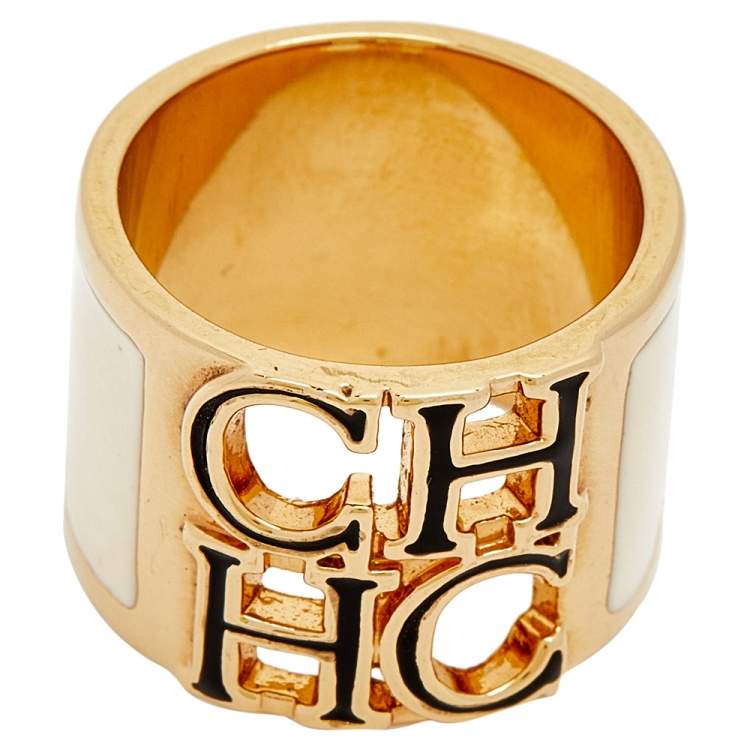 Pre Owned CH Carolina Herrera Logo Off White Enamel Gold Tone Wide Band Ring Size 54.5
