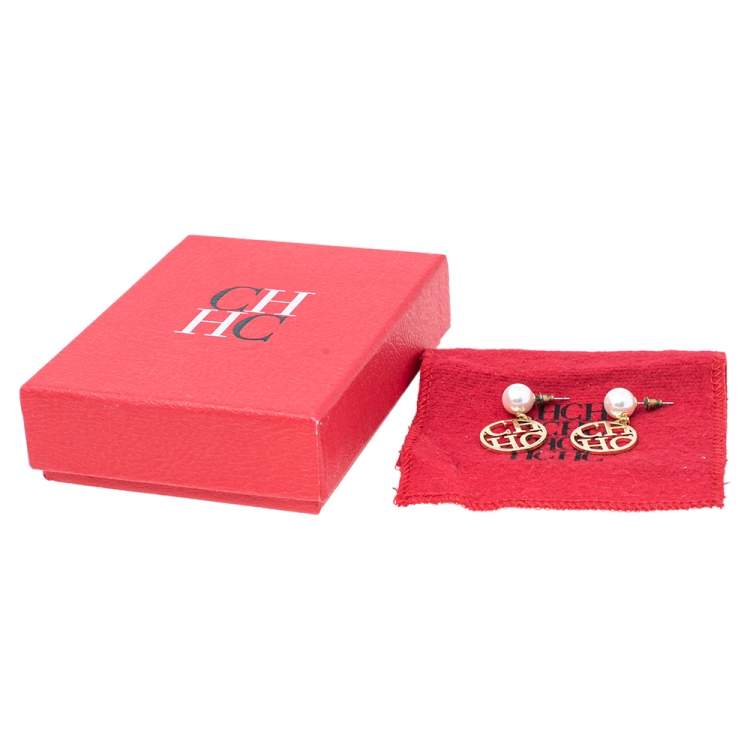 Pre Owned CH Carolina Herrera Gold Tone Logo Drop Earrings