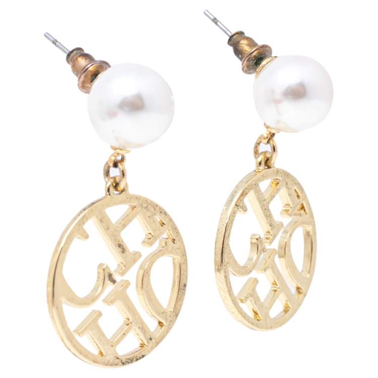 Pre Owned CH Carolina Herrera Gold Tone Logo Drop Earrings