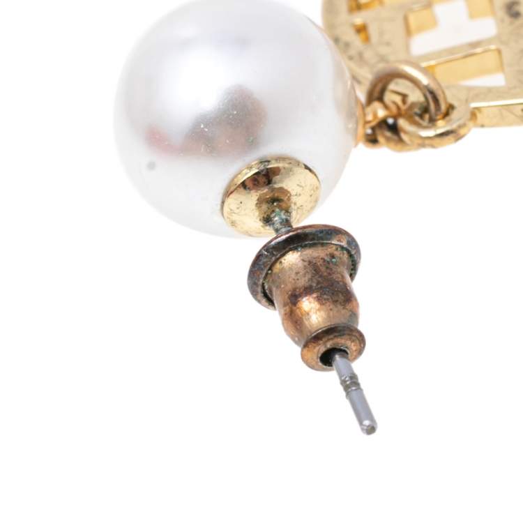 Pre Owned CH Carolina Herrera Gold Tone Logo Drop Earrings