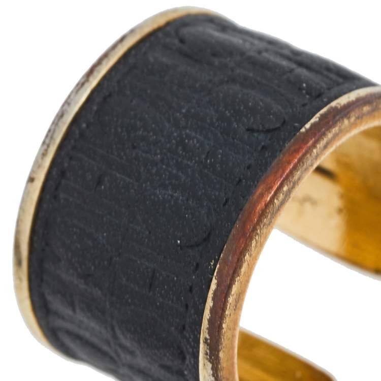 Pre Owned CH Carolina Herrera Black Leather Gold Tone Open Ring Size 52.5