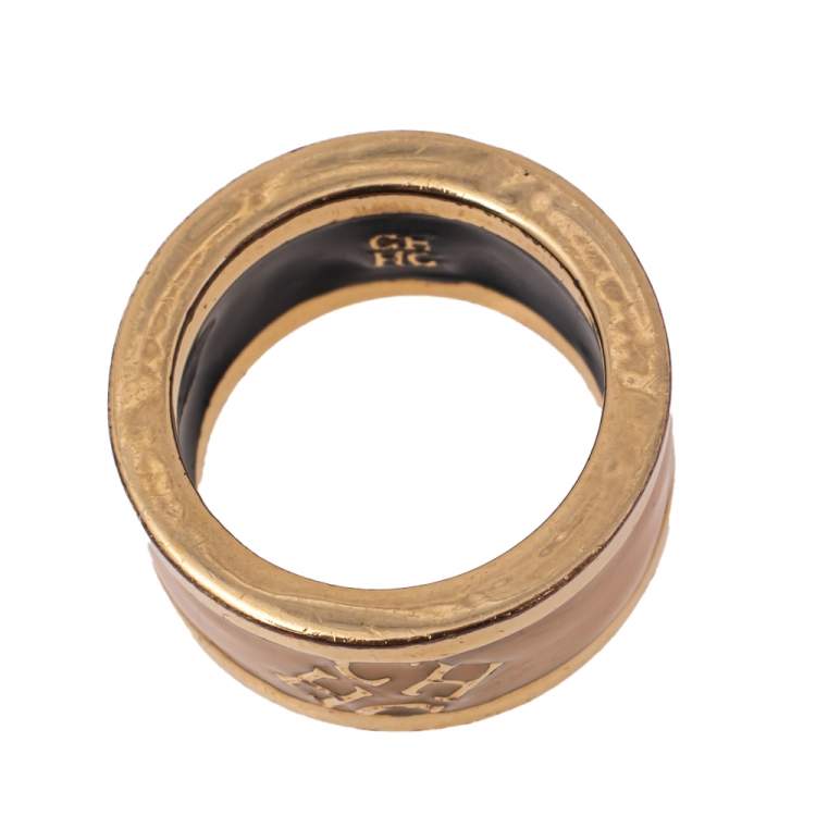 Pre Owned CH Carolina Herrera Cream Enamel Gold Tone Band Ring Size 56