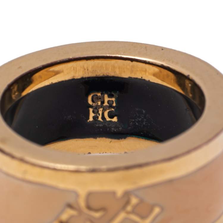 Pre Owned CH Carolina Herrera Cream Enamel Gold Tone Band Ring Size 56