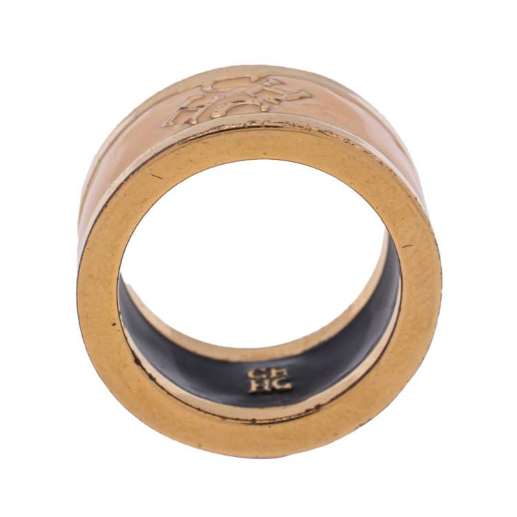 Pre Owned CH Carolina Herrera Cream Enamel Gold Tone Band Ring Size 56