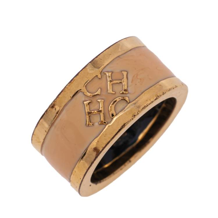 Pre Owned CH Carolina Herrera Cream Enamel Gold Tone Band Ring Size 56
