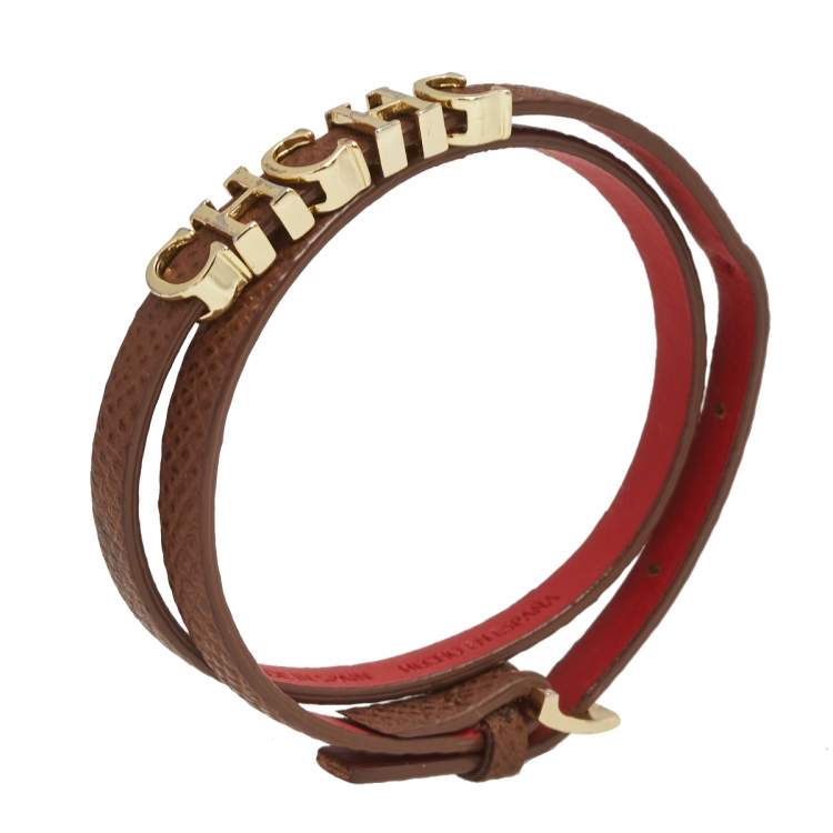 Pre Owned CH Carolina Herrera Brown Leather Double Wrap Bracelet